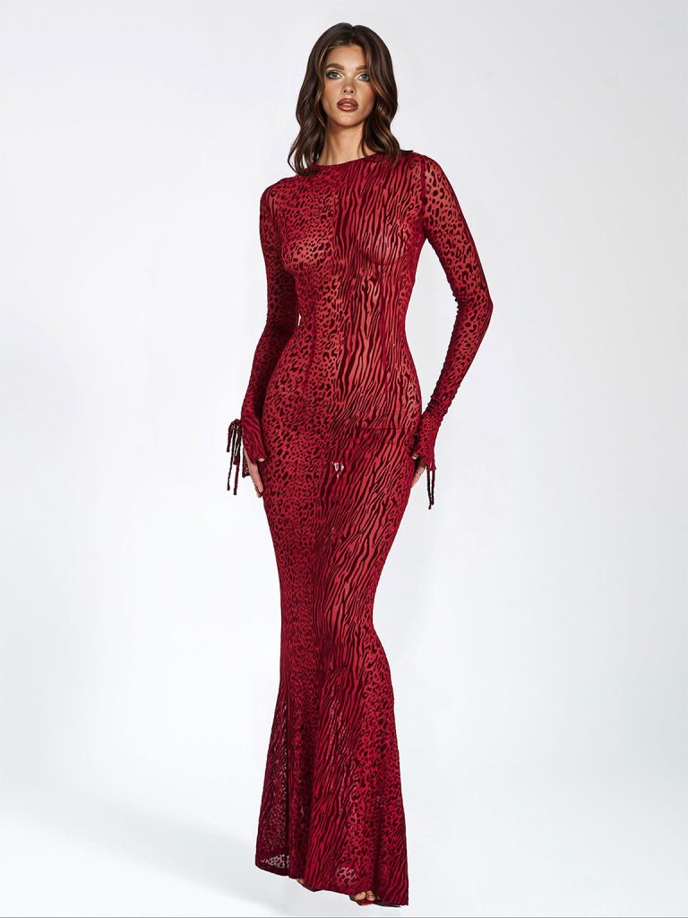 Leopard Print Mesh Halter Maxi Dress