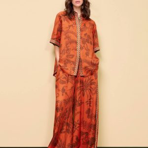 Printed Satin Slit Wide-Leg Two-Piece Set