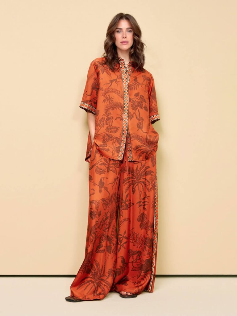 Printed Satin Slit Wide-Leg Two-Piece Set