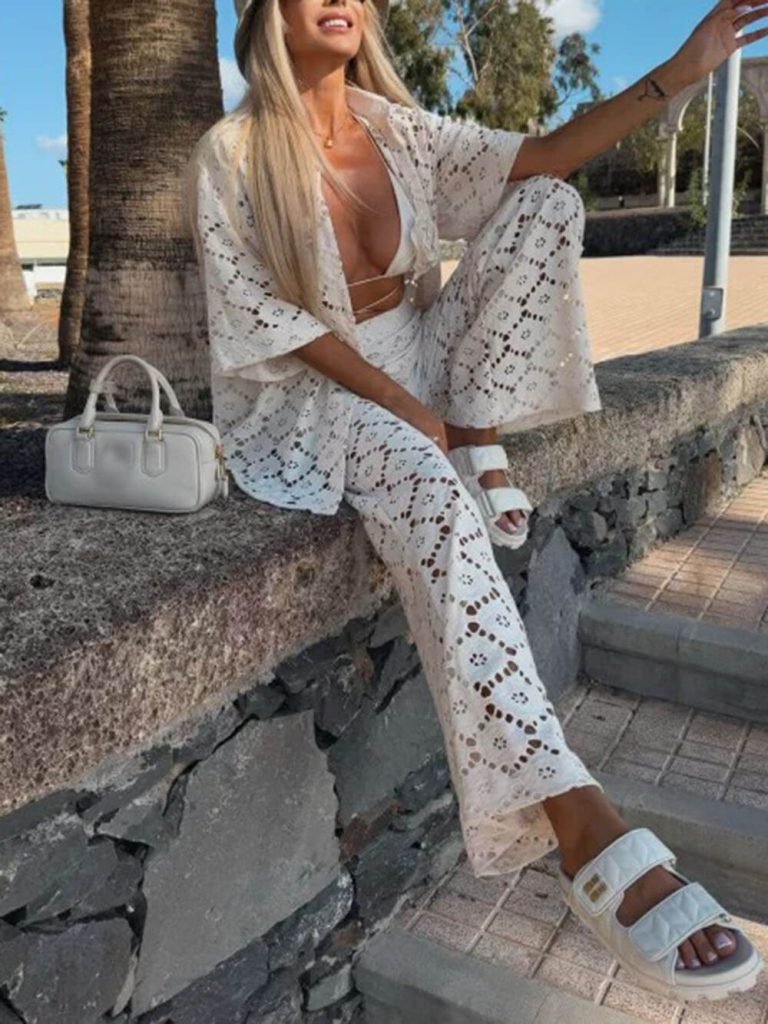 Floral Lace Crochet Short Sleeve Wide-Leg Pants