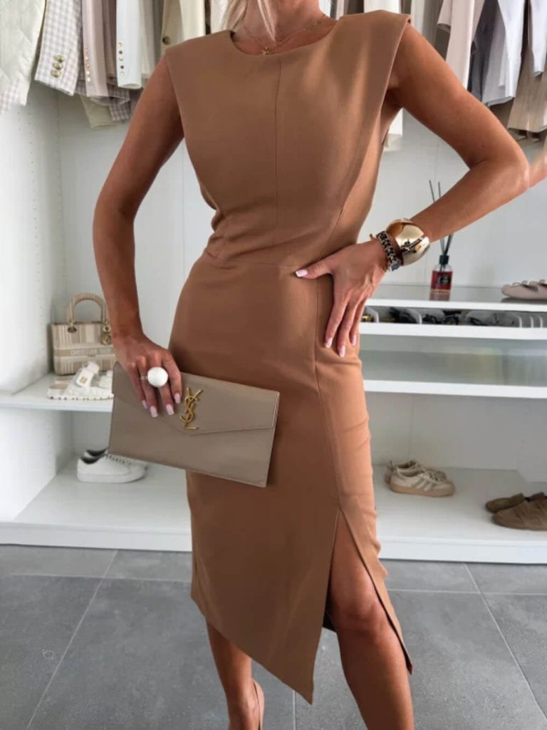 Crew Neck Sleeveless Slit Elegant Midi Dress