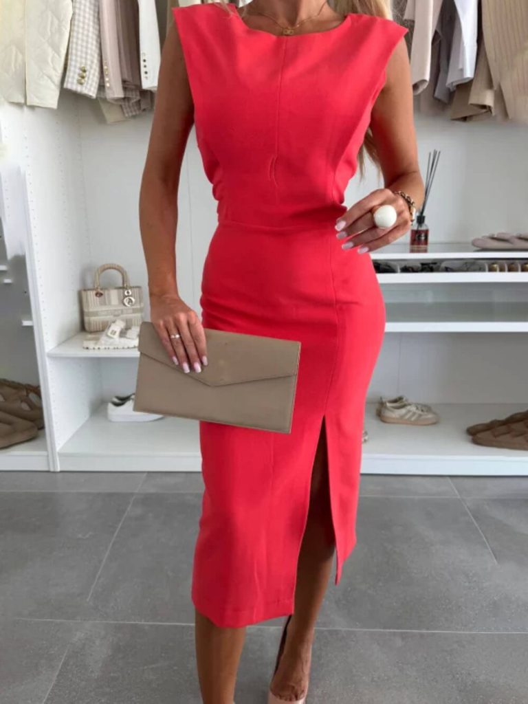 Crew Neck Sleeveless Slit Elegant Midi Dress