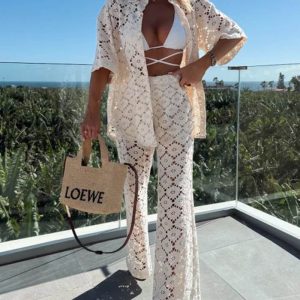 Floral Lace Crochet Short Sleeve Wide-Leg Pants