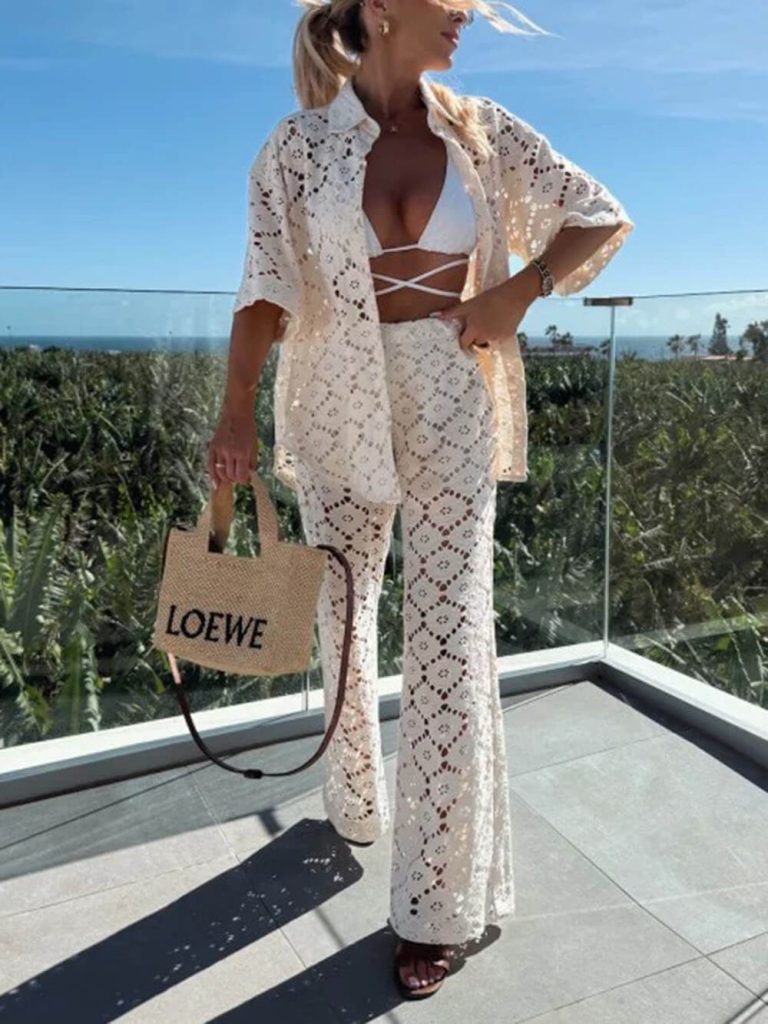 Floral Lace Crochet Short Sleeve Wide-Leg Pants