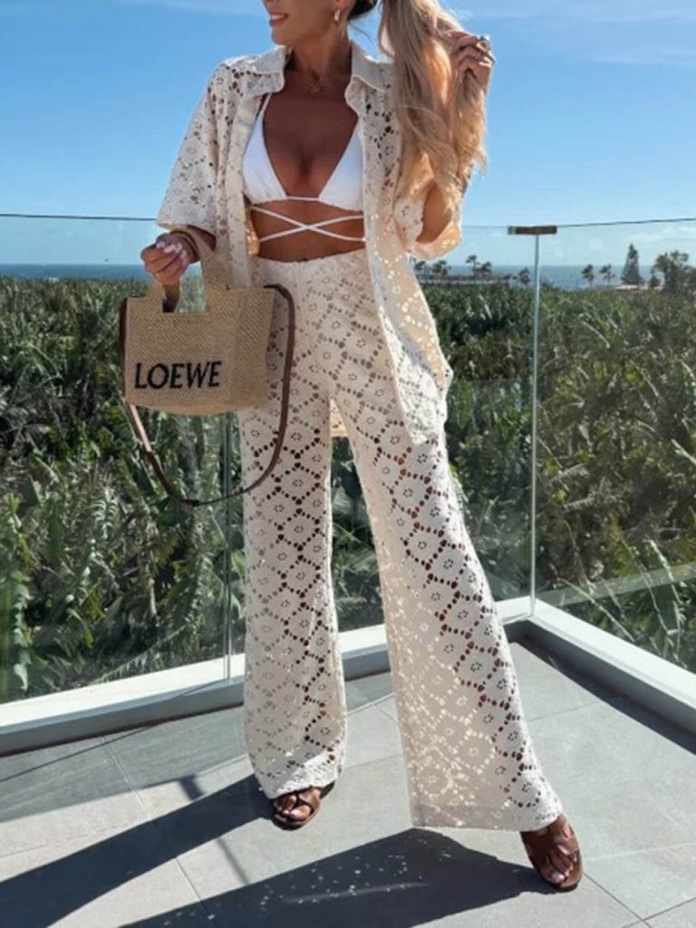 Floral Lace Crochet Short Sleeve Wide-Leg Pants