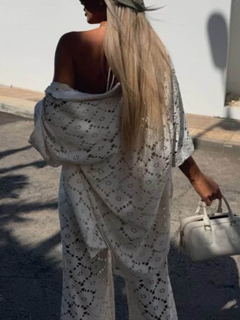 Floral Lace Crochet Short Sleeve Wide-Leg Pants