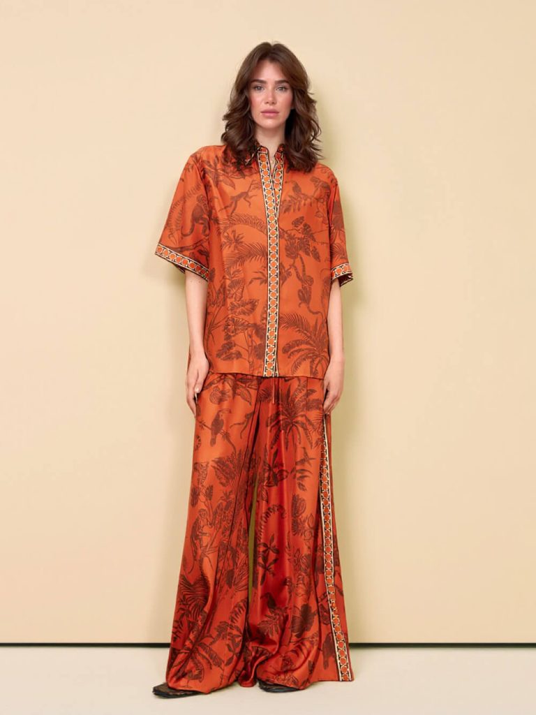 Printed Satin Slit Wide-Leg Two-Piece Set