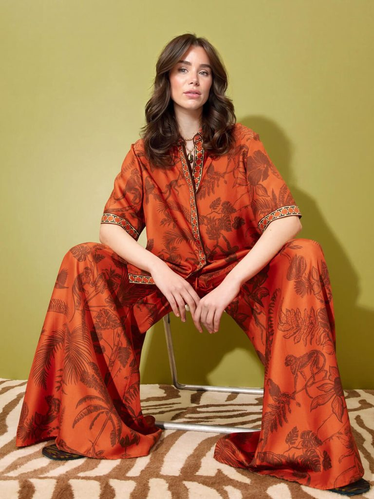 Printed Satin Slit Wide-Leg Two-Piece Set